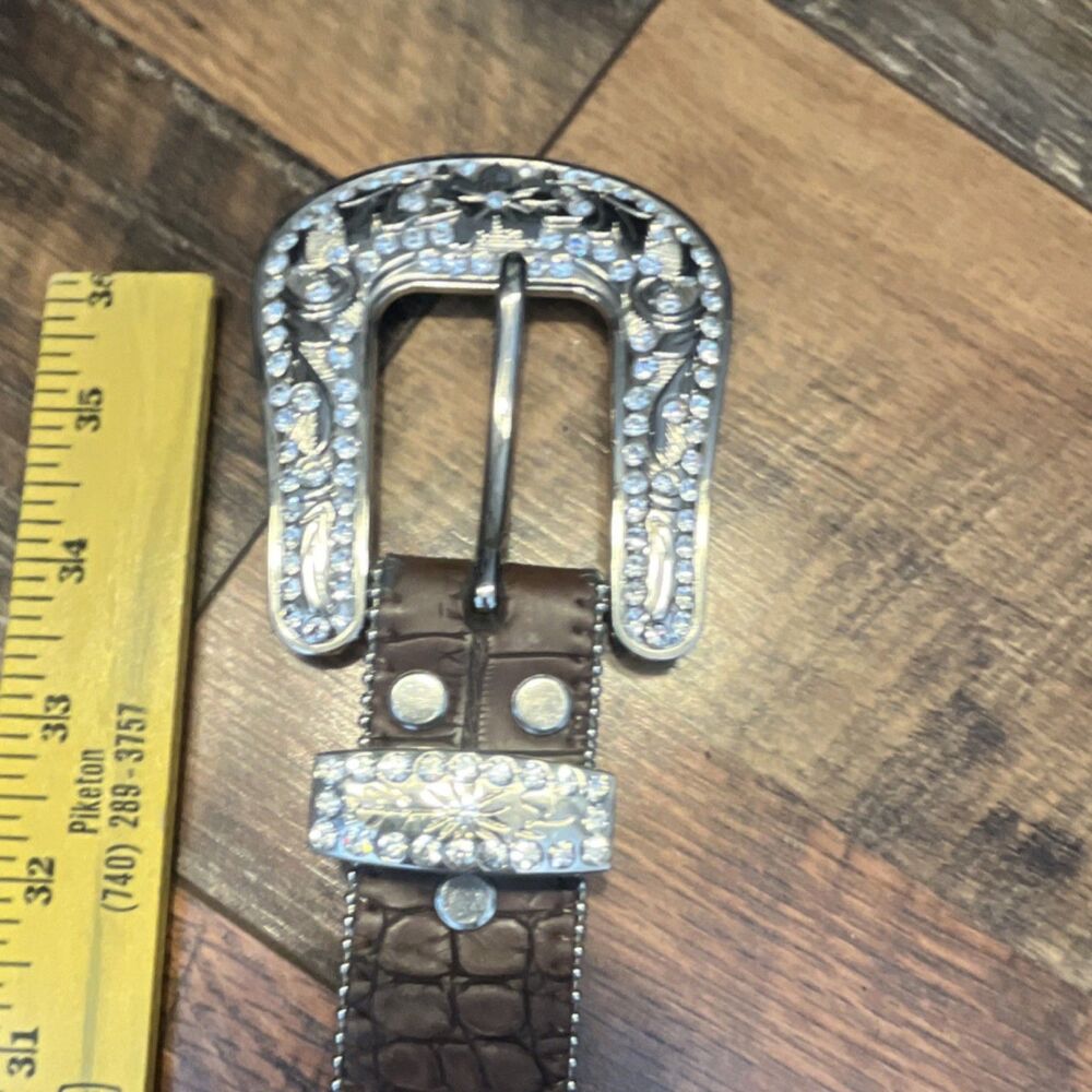 Brown Western Wide Belt M Rhinestone Studded Adjustable Buckle Women - Picture 4 of 8